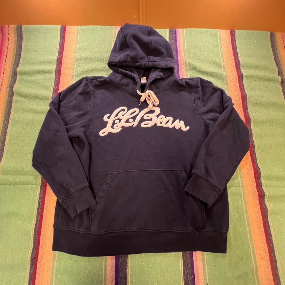 LL Bean Hoodie Women L Petite Navy Blue Script Logo Pullover Sweatshirt 518434